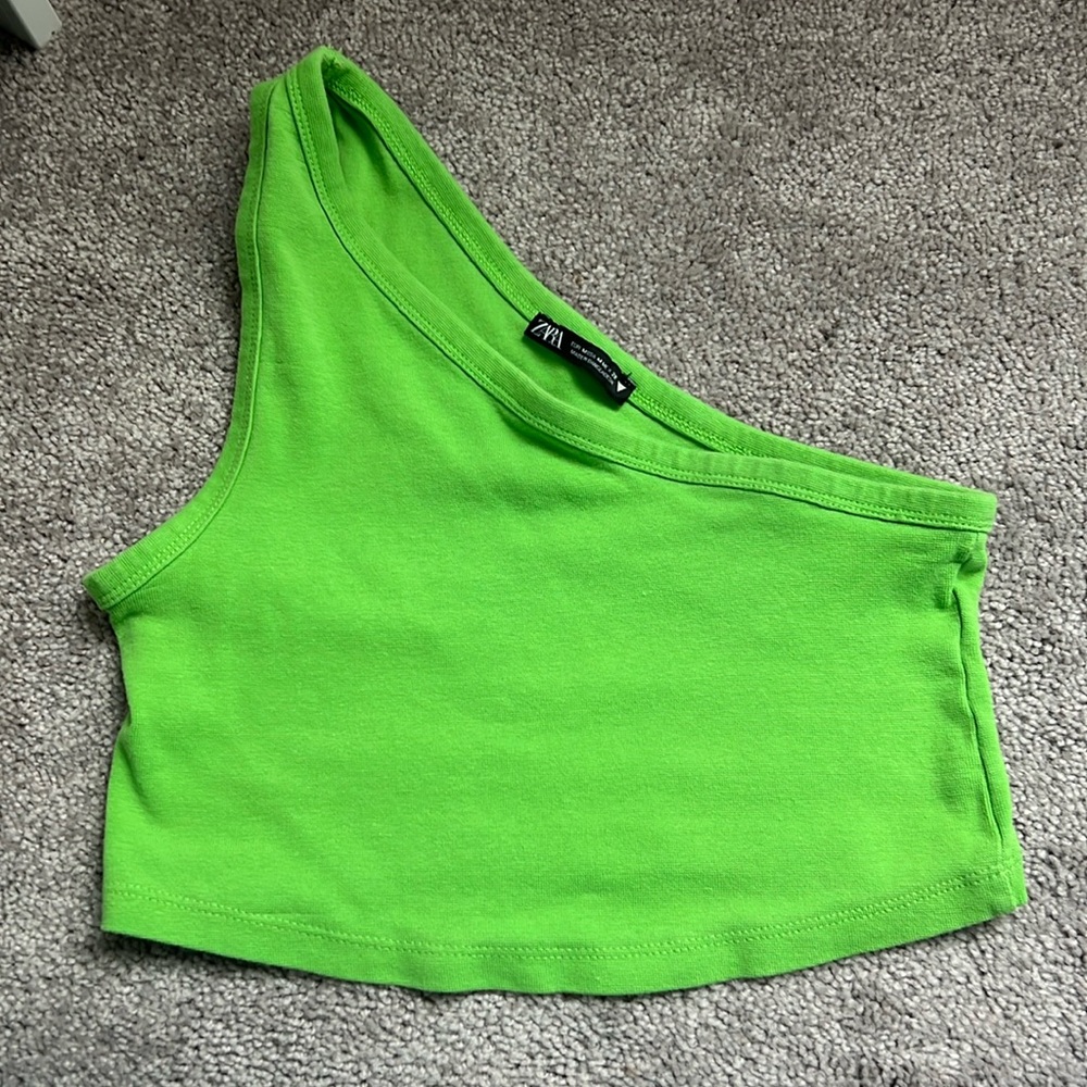 Zara Green One Shoulder Cropped Tank Top Crop Top Medium